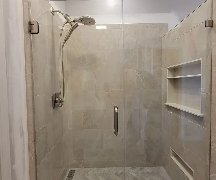 Guest bathroom remodel with ceramic tile floor, vanity and stone countertop
