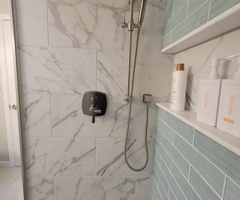 Remodeled bathroom with tiled walk-in shower and glass enclosure in a Charlotte, NC home
