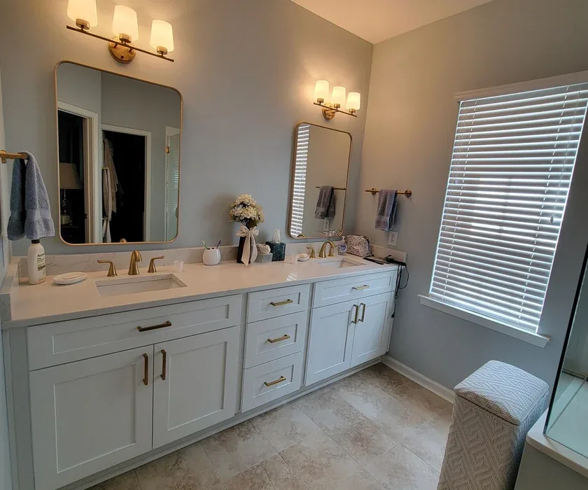 Guest bathroom remodel with ceramic tile floor, vanity and stone countertop