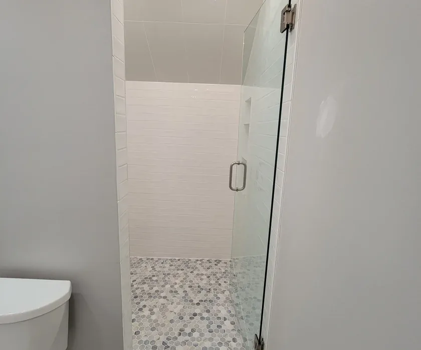 Ceramic shower tile and custom glass enclosure detail from a bathroom renovation