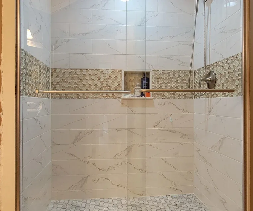 Ceramic shower tile and custom glass enclosure detail from a bathroom renovation