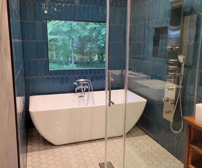 Guest bathroom remodel with ceramic tile floor, vanity and stone countertop
